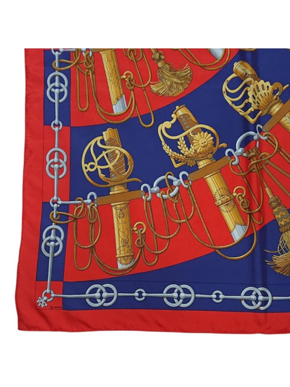 Hermes Carre 90 Cliquetis Silk Scarf Red Navy Gold - Picture 2 of 16
